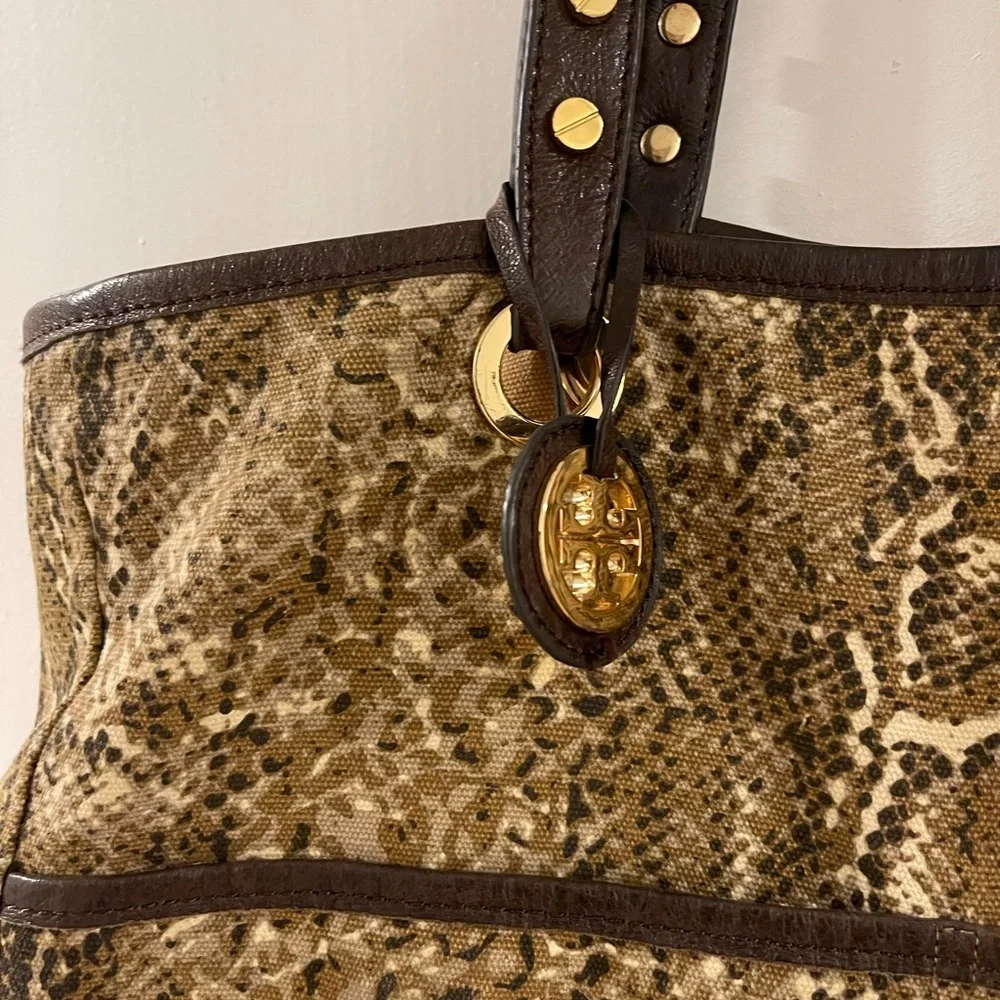 Tory Burch Canvas Reptile Print Tote with Brown Leather Detail
